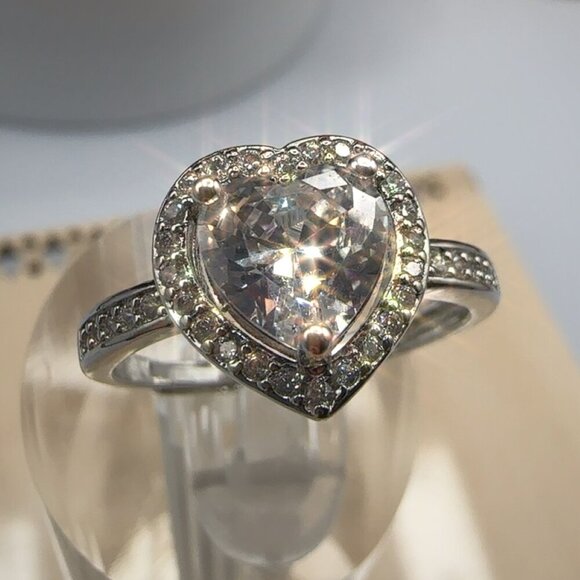 Silver Heart Cut Stone Ring with Pave Detailing Adjustable - Picture 1 of 14